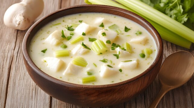Healthy creamy seafood chowder with celery and green peas in a rustic wooden bowl setting