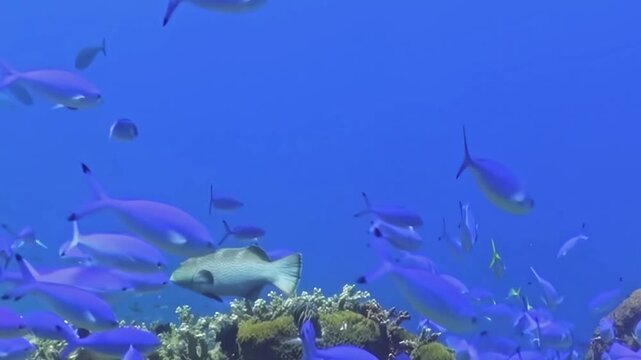 Numerous iridescent blue fish elegantly navigate a thriving coral reef. Their shimmering bodies create a dynamic display in the clear, sunlit ocean water, showcasing marine beauty.