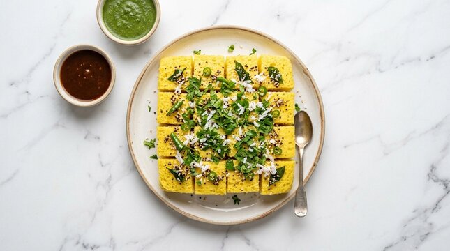 Khaman dhokla cut into neat yellow squares garnished with fresh coriander | Indian Food Stock Photo for Commercial Use
