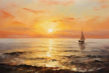 Fototapeta premium Sunset on sea painting sailboat outdoors.