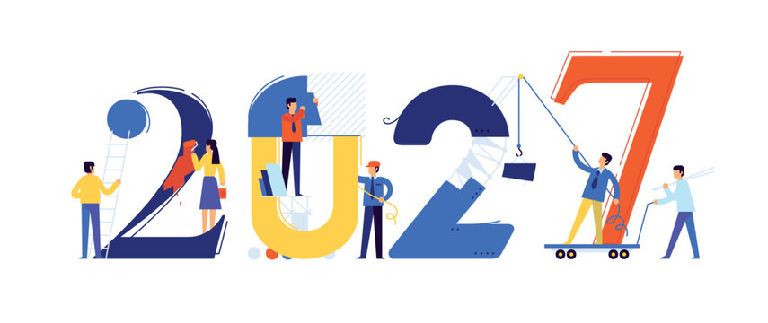 Office staff are preparing to meet the new year 2027. Vector illustration. Cartoon characters repair the numbers. Image is isolated on white background. Flat illustration for banner and site.