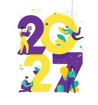 New year 2027. Meeting the new year. Vector. Business people greet Christmas and New Year. New Horizons. Preparation for the holiday. Business metaphors. Businessmen in different situations.  
