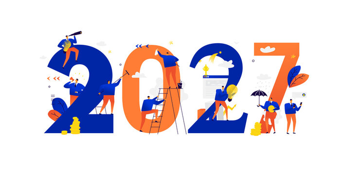 New year 2027. Meeting the new year. Vector. Business people celebrate Christmas and New Year. New Horizons. Preparation for the holiday. Business metaphors. Businessmen in different situations.