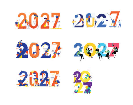 New year 2027. Meeting the new year. Vector. Business people greet Christmas and New Year. New Horizons. Preparation for the holiday. Business metaphors. Businessmen in different situations. Different