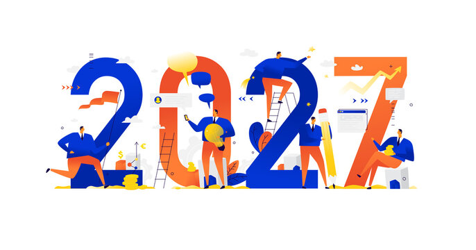 New year 2027. Meeting the new year. Vector. Business people greet Christmas and New Year. New Horizons. Preparation for the holiday. Business metaphors. Businessmen in different situations.