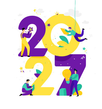 New year 2027. Meeting the new year. Vector. Business people greet Christmas and New Year. New Horizons. Preparation for the holiday. Business metaphors. Businessmen in different situations