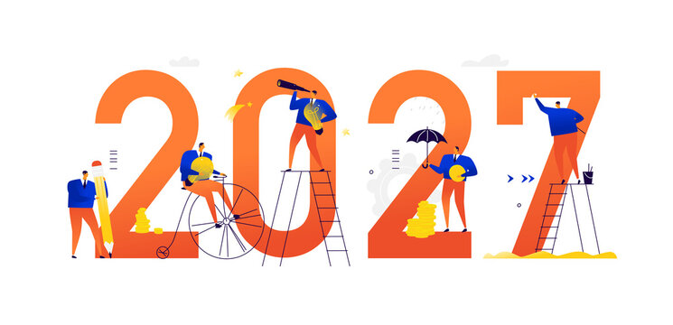 Illustrations of the new 2027. Meeting the new year. Vector. Business people achieve their goals and make a career. Search for ideas. Solving tasks and problems. Business metaphors