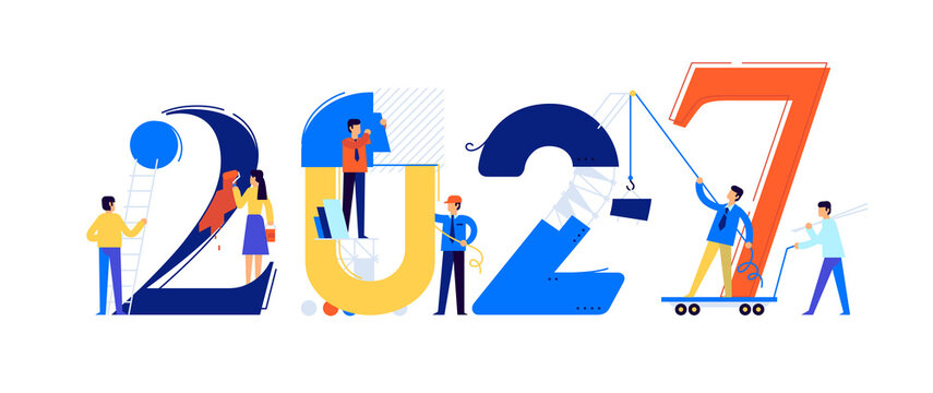 Office staff are preparing to meet the new year 2027. Vector illustration. Cartoon characters repair the numbers. Image is isolated on white background. Flat illustration for banner and site.