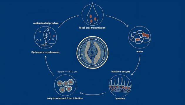   Scientific medical, illustration of ,Cyclospora cayetanensis, lifecycle, editorial, infographic style. Deep, navy background ,with clean cream, linework. Central ,cross-section ,diagram shows the oo