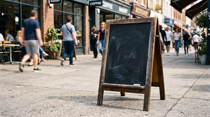 Obraz premium Blank Wooden A-Frame Chalkboard Sign on Sunlit Sidewalk