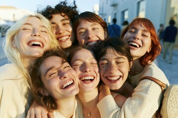 Obraz premium Group of cheerful young women embracing tightly on a city street while laughing for friendship, community lifestyle advertising and mental wellness concepts