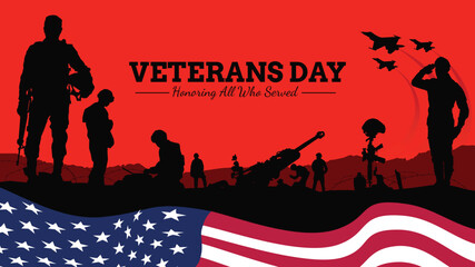 Fototapeta premium Veteran's day silhouette vector illustration with american flag and soldiers.