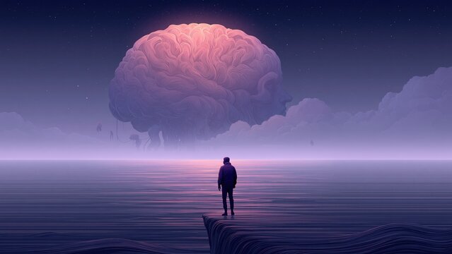 Man observing giant floating brain cloud over purple alien sea.