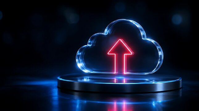 Futuristic glowing cloud icon with vibrant neon red arrow uploading data to digital cloud computing service on dark background