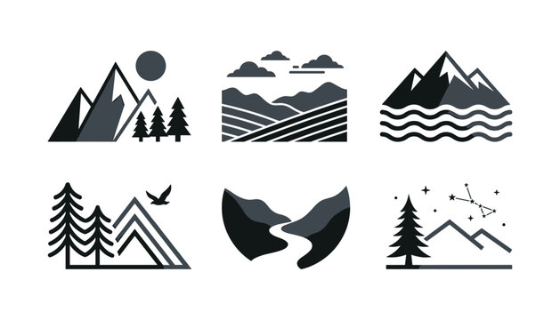 Minimalist mountain landscape icons set featuring flat geometric peaks hills pine trees river waves and night sky constellation vector illustration.
