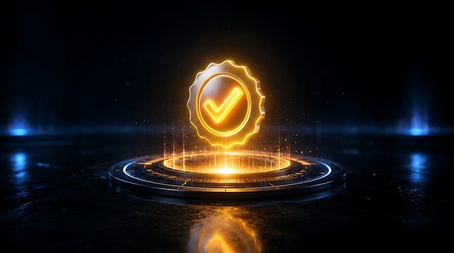 Glowing golden checkmark badge award hologram on futuristic glowing platform with digital lights and dark background, signifying approval, success, and verification in technology.
