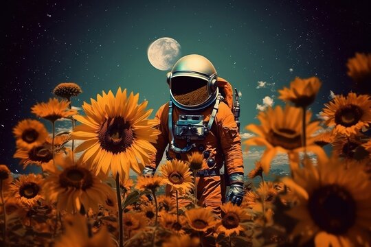 Collage Retro dreamy of a galaxy sunflower astronomy moon.