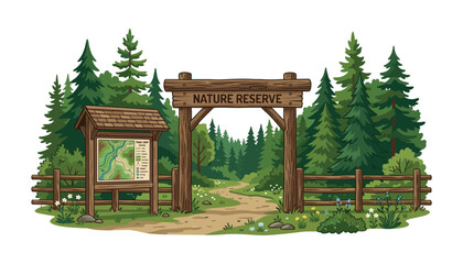 Wooden entrance arch to national park or nature reserve forest path with information trail map stand vector illustration.