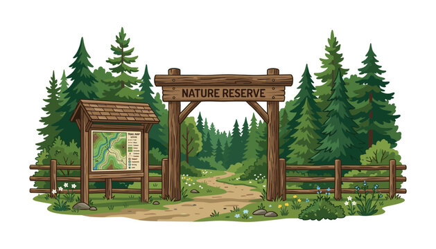 Wooden entrance arch to national park or nature reserve forest path with information trail map stand vector illustration.