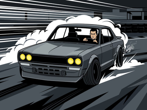 Retro Japanese sport car drifting with smoke and speed lines, vector manga art style illustration