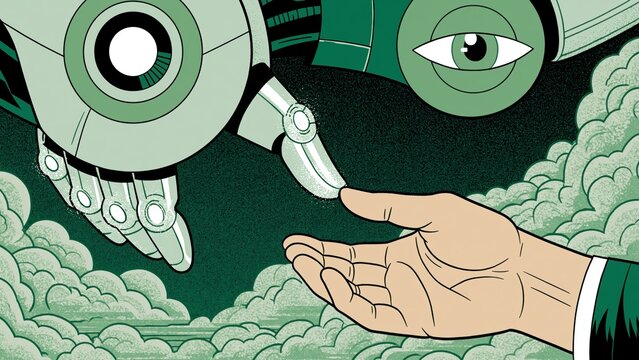 Green robot arm reaching to touch an open human hand.