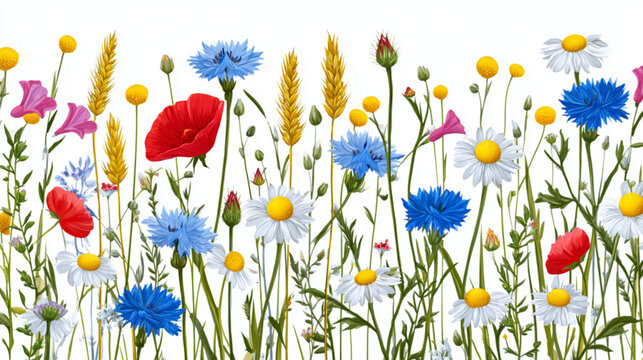 Watercolor illustration of wildflowers meadow with poppies cornflowers and daisies.
