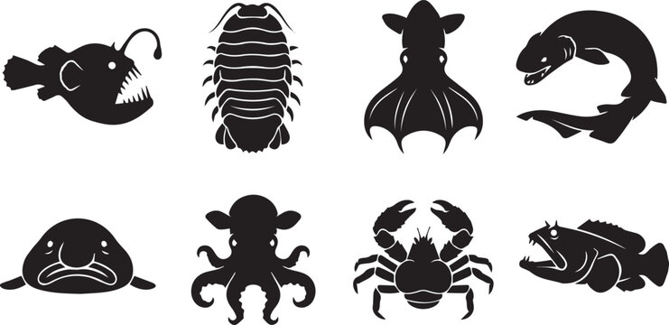 Set of black silhouettes of deep sea marine life including anglerfish, giant isopod, squid, eel, blobfish, octopus, crab, and fangtooth fish
