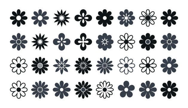Minimalist black and white flower icons set featuring cute simple daisy shapes floral silhouettes and flat decorative plant symbols vector illustration.