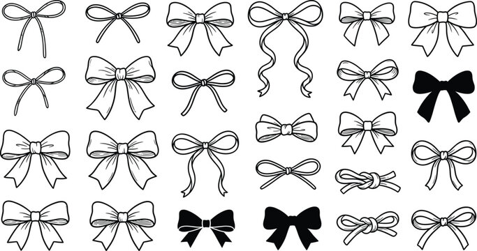Hand Drawn Ribbon Bow Silhouette and Line Art Icon Mega Set with Coquettish Knot Details for Gift Wrap Packaging and Girly Aesthetic Sticker Designs