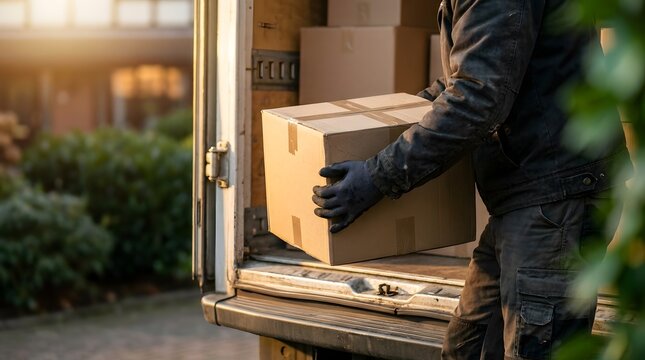 Delivery service and logistics worker carrying cardboard box package from commercial truck for ecommerce distribution