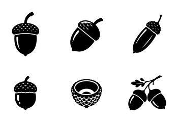70 Set of 6 Black Acorn Icons, Oak Nut Vector Graphics, Autumn Seed Symbols, Forest Harvest Elements, Nature Food Illustrations, Fall Season Design Assets 100 © Victor