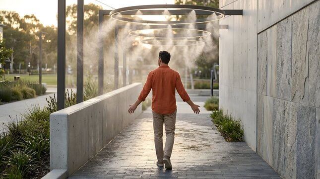 Urban heat island mitigation with modern outdoor misting cooling system archway over pedestrian path