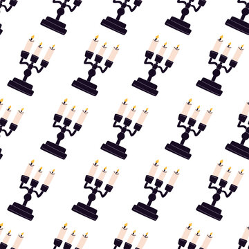 Cute black candelabra candlestick vector illustration pattern isolated on white background. Minimalist graphic asset for anniversary dinner party decoration, wrapping paper, and textile.