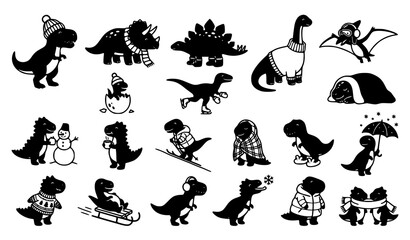 Cute Dinosaur Silhouette Character Icon Set with Cartoon Prehistoric Animals Tyrannosaurus Rex Triceratops Brachiosaurus and Fossil Cave Symbols for Kids Designs © Mst Rebeka
