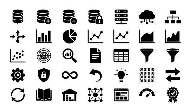 Big Data Analytics and Business Statistics Solid Icon Set with Infographic Charts Database Information Management Reporting and Server Network Symbols