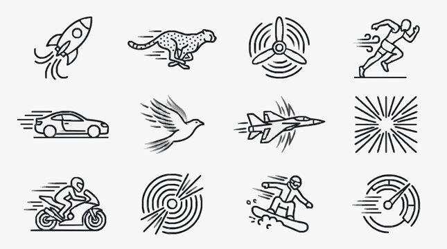 Modern Black and White Line Icons Set Featuring Speed Motion and Dynamic Movement Concepts with high quality professional line art symbols for modern creative design and digital branding projects