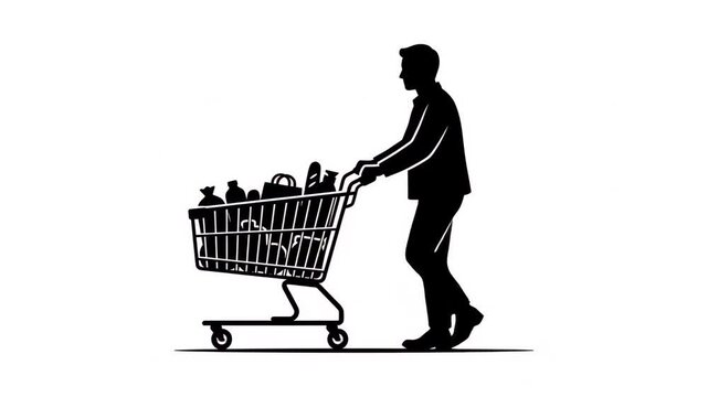 Black silhouette of a man pushing a full shopping cart at a grocery store, minimalist vector illustration for retail and consumerism concepts
