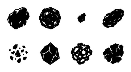 70 Collection of 8 Black Asteroid and Meteorite Icons, Space Rocks Vector Set, Celestial Body Silhouettes for Cosmic Designs 100 © Rayhan