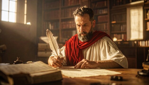 Ancient Scholar Writing with Quill in Study.