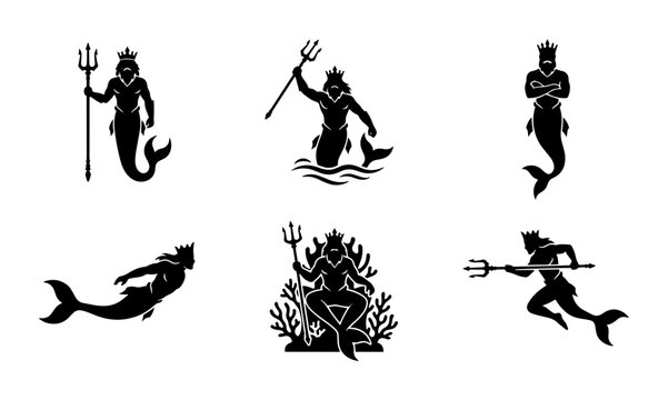 70 Mythical Sea King Icons, Neptune Silhouette Vector Set, Ancient God Trident Pose Collection, Greek Mythology Character Graphics 100