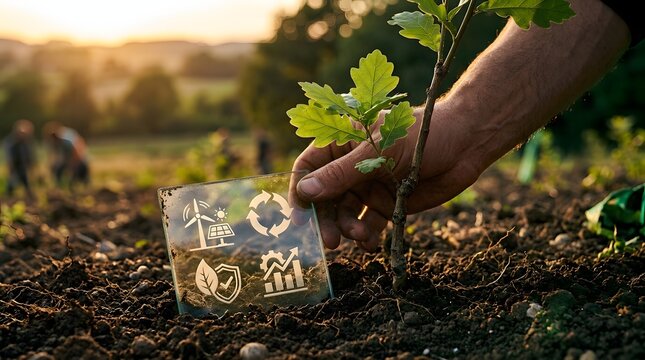 ESG concept with hand planting oak sapling beside glass panel displaying renewable energy and sustainable business growth icons