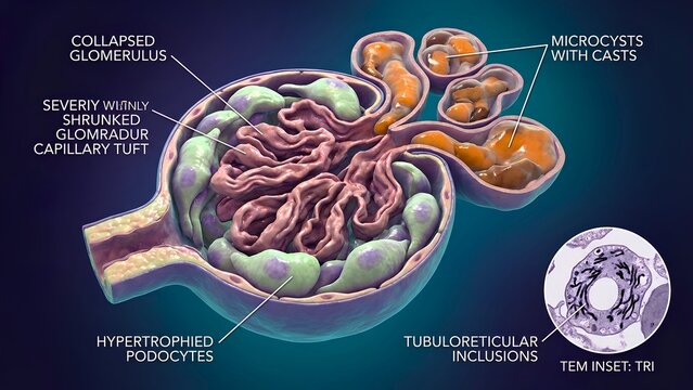 Collapsing Glomerulopathy 3D Illustration Showing Collapsed Glomerulus Hypertrophied Podocytes and Microcysts with Casts