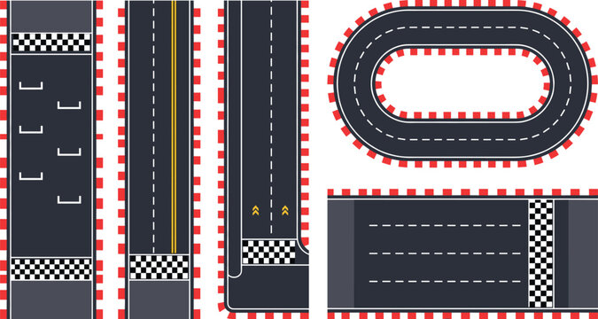 Race Track and Highway Road Top View Element Set with Finish Line Checkered Banners Starting Grid Layouts Red Kerbs and Oval Circuit Diagrams