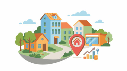 Fototapeta premium Illustrated houses on a hill with a location marker and financial growth