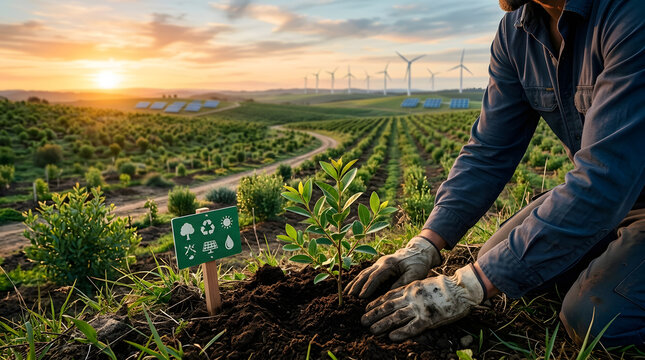 Sustainable agriculture and renewable energy integration featuring farmer planting tree with wind turbines and solar panels at sunset