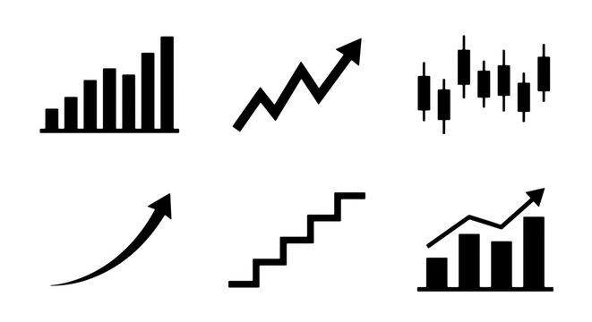 70 Business Growth Icons, Financial Charts, Stock Market Candlesticks, Upward Trend Arrows, Staircase Progress, Bar Graphs, Vector Set for Analytics and Investment 100