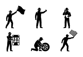 Obraz premium 70 Racing Pit Crew Icons, Motorsport Mechanics Set, Formula 1 Pit Stop Graphics, Black Silhouette Vector Collection 100