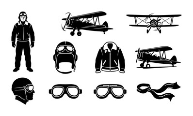 70 Vintage Aviation Icons Set: Biplanes, Pilot Gear, and Accessories. Retro Aircraft and Flight Apparel Vector Collection for Historical Projects. 100 © Rakibul