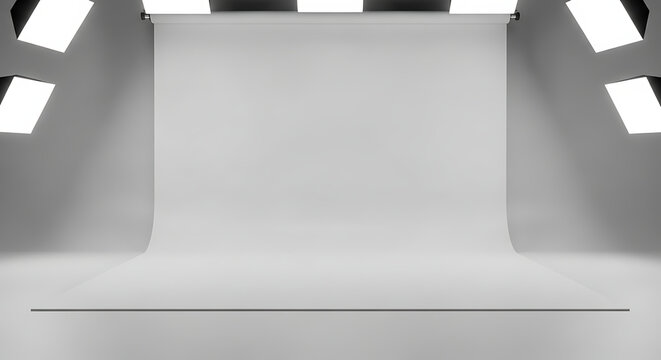 Empty professional photo studio background. White cyclorama wall with bright softbox lighting.