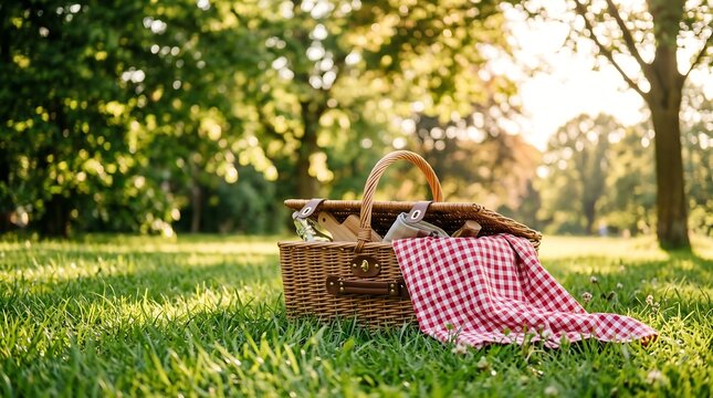 Wicker Picnic Basket on Green Grass with Blurred Park Background